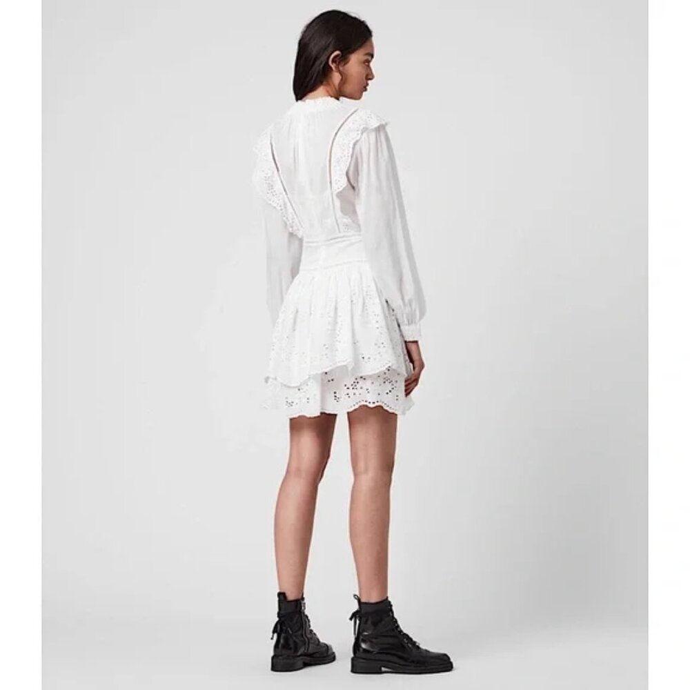 AllSaints Aislyn mini Dress Broiderie White eyelet Dainty Victorian cotton sz 8 - Picture 4 of 8